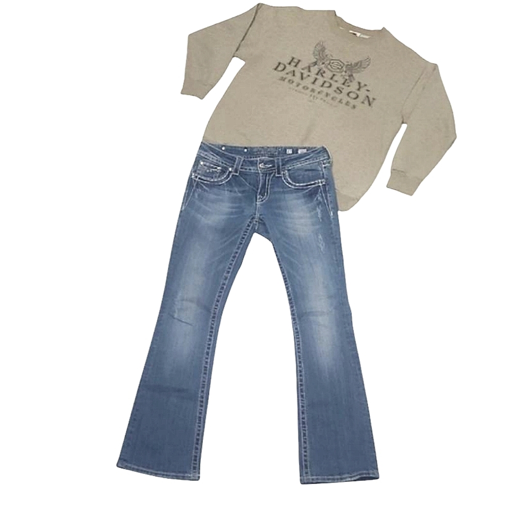 Miss Me Bootcut Jeans Low Waist Rise Embellished Back Pockets Distressed Ombre